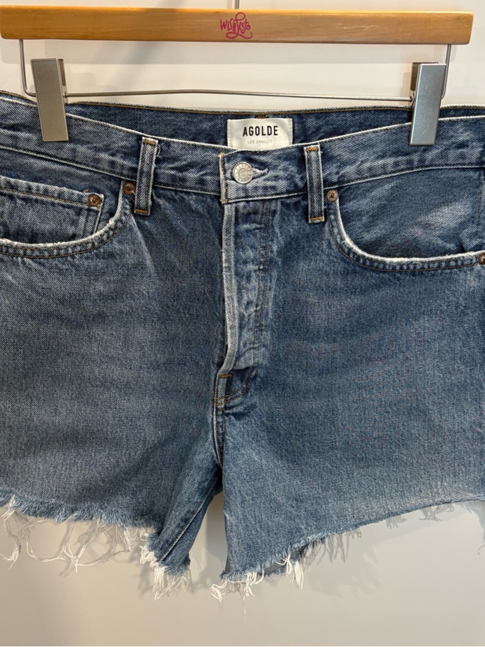 Agolde Medium Blue Raw Hem Denim Cutoff Shorts. Size 30. Organic cotton